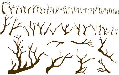 Set of bare tree branches isolated on the white background. Big collection of big and small sticks without leaves. Vector illustration in simple silhouette style