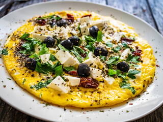 Delicious breakfast - scrambled eggs with feta cheese, sun-dried tomatoes and black olives served on wooden table
