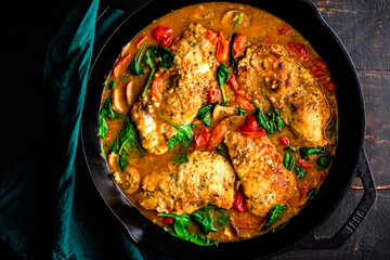 Italian Skillet Chicken with Tomatoes and Mushrooms in a Cast Iron Skillet: Chicken cutlets with spinach, mushrooms, and tomatoes in a dark wood table