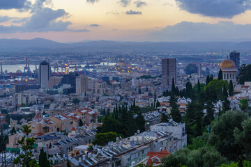 Fototapeta na wymiar Blue hour view of downtown Haifa, Bahai Shrine and harbor