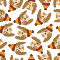 Seamless pattern of funny dogs in warm hats on a white background.