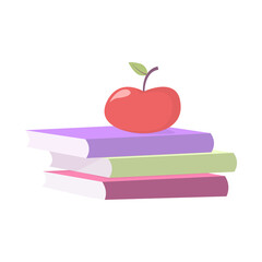 Vector illustration three books lie on top of each other. Textbooks and an apple. A stack of books.
