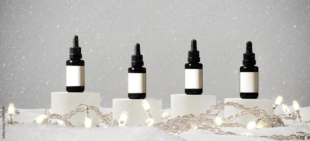 Poster minimal product background for christmas and winter holiday concept. white podium and snow falling o