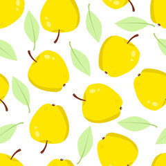 Seamless vector background with decorative apples. Seamless pattern with apples and leaves. Wallpaper, print, wrapping paper, fabric, modern textile design. Fruit Background. Vector illustration. 