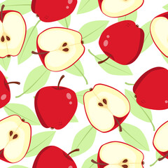 Seamless vector background with decorative apples. Seamless pattern with apples and leaves. Wallpaper, print, wrapping paper, fabric, modern textile design. Fruit Background. Vector illustration. 
