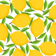 Lemons Print. Citrus floral seamless pattern with colorful lemons. Summer background. Tropical seamless pattern with yellow lemons. Print for fabric or wallpaper. Vector illustration. 