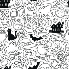 Halloween seamless pattern with sketched doodles on white background. Good for coloring pages, wrapping paper, wallpaper, textile prints, scrapbooking, etc. EPS 10