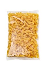 Fusili pasta in plastic package isolated on white background.