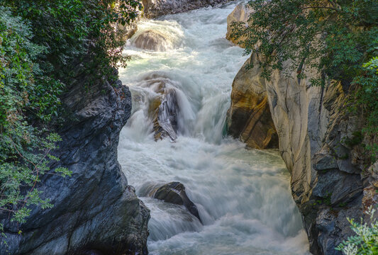 Foaming white water in the Gilf Gorge in Merano in South Tyrol 