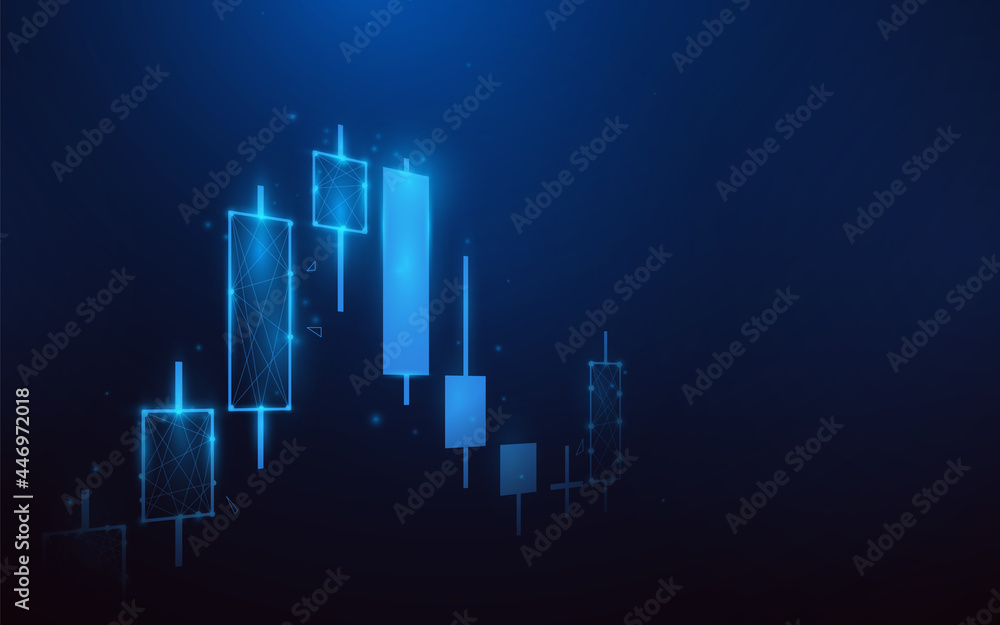 Poster The stock market, graph with diagrams. Low polygon line, triangles, and particle style design. Abstract geometric wireframe light connection structure