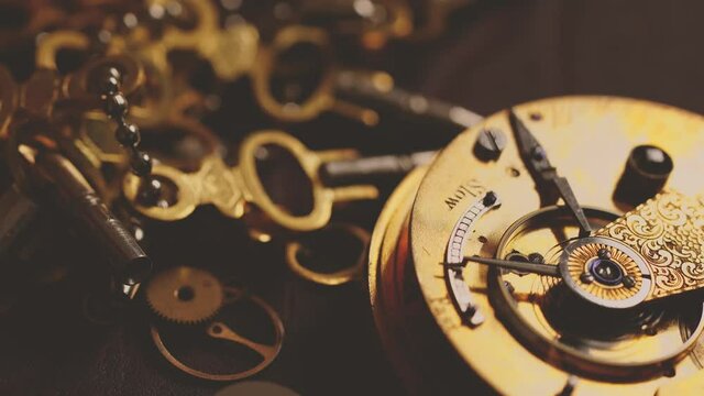 Vintage Fusee pocket watch ticking macro, keeping time.
