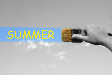 The inscription "Summer" against the sky. The brush paints the sky blue. The onset of summer