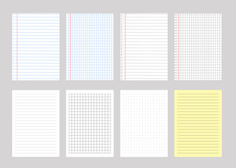 Notebook Sheets Collection. Set of Lined, Checkered and Dots Pages Vector Illustration Template.