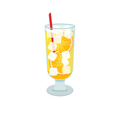 orange juice cocktail with ice and a red straw in a glass