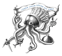 The Octopus chef logo design hand draw vintage engraving style black and white clipart isolated on white background - 446974439