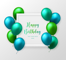3D realistic emerald green blue ballon and frame Happy Birthday celebration card banner template background