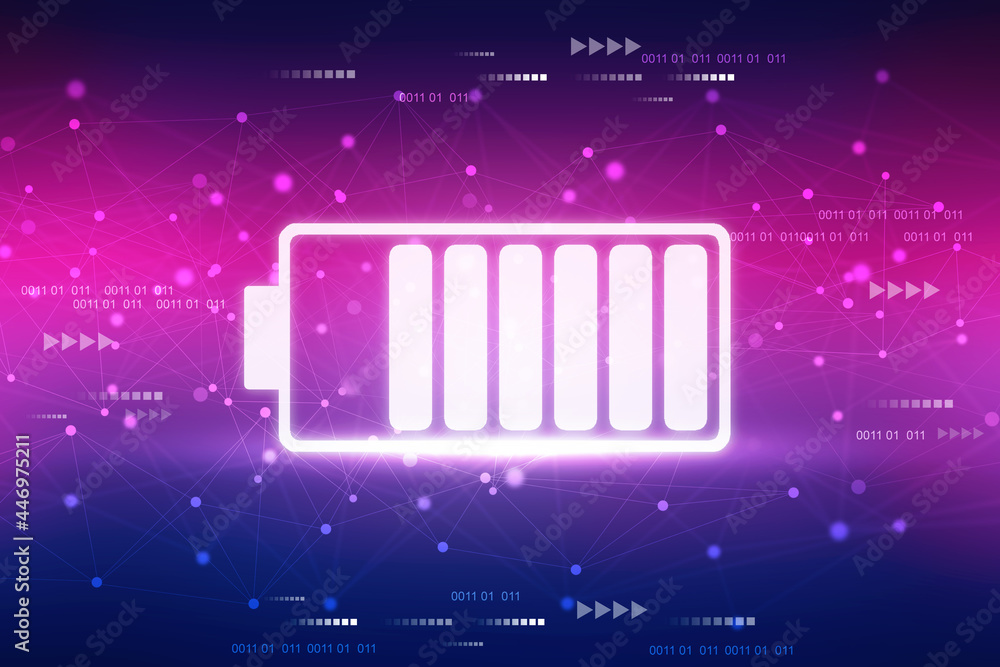 Poster 2d rendering electrical energy and power supply source concept, accumulator battery with charging le