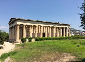 Fototapeta na wymiar The Temple of Hephaestus or Hephaisteion, a well-preserved Greek temple that remains standing largely intact. It is a Doric peripteral temple, and is located at the Agora of Athens.