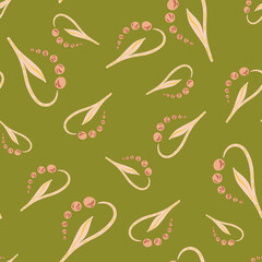 Random pink lily of the valley elements seamless doodle pattern. Green background. Bloom artwork.