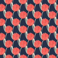 Bloom abstract seamless pattern with bright pink tulip flowers ornament. Navy blue background.