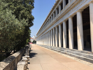 Facade of the Stoa of Attalos (also spelled Attalus), a stoa (covered walkway or portico) in the Agora of Athens, Greece. It was built by and named after King Attalos II of Pergamon.