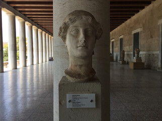 Head of Victory (Nike) inside the Stoa of Attalos, a stoa (covered walkway or portico) in the Agora of Athens, Greece. It was built by and named after King Attalos II of Pergamon.