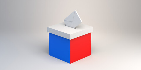 Ballot box with red and blue colors and an envelope. Banner for elections and election campaign. 3d illustration. Isolated.