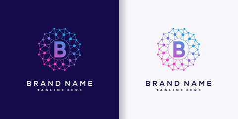 Monogram logo design technology initial letter b with line art and dot style