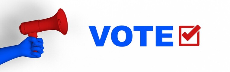 Elections banner. Hand with megaphone and the text vote with check box with red and blue colors. 3d illustration.