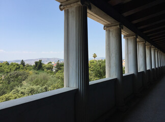 View from the second floor of the Stoa of Attalos, a stoa (covered walkway or portico) in the Agora of Athens, Greece. It was built by and named after King Attalos II of Pergamon.