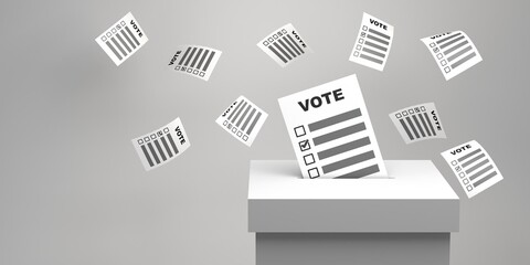 Ballot box with one vote entering and others flying. Banner. 3d illustration.