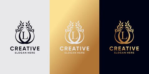Creative olive oil logo design initial letter l with line art and golden style color. icon logo for business company