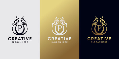 Creative olive oil logo design initial letter p with line art and golden style color. icon logo for business company