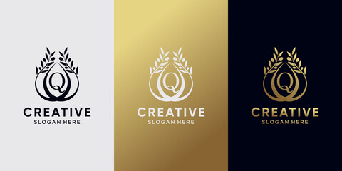 Creative olive oil logo design initial letter q with line art and golden style color. icon logo for business company