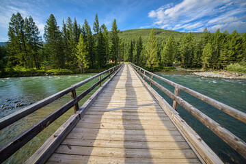 picturesque view of wooden bridge over pure rapid river flowing near forest at summer day  - Powered by Adobe