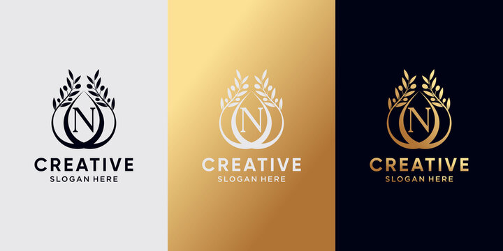 Creative olive oil logo design initial letter n with line art and golden style color. icon logo for business company