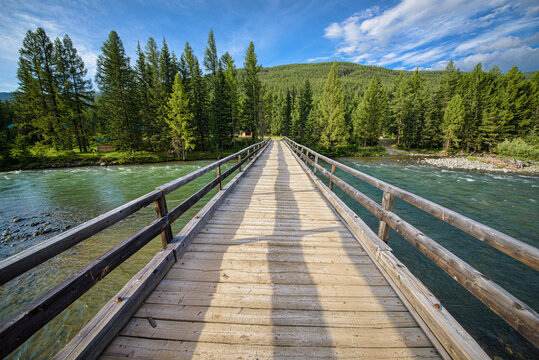 picturesque view of wooden bridge over pure rapid river flowing near forest at summer day - Powered by Adobe
