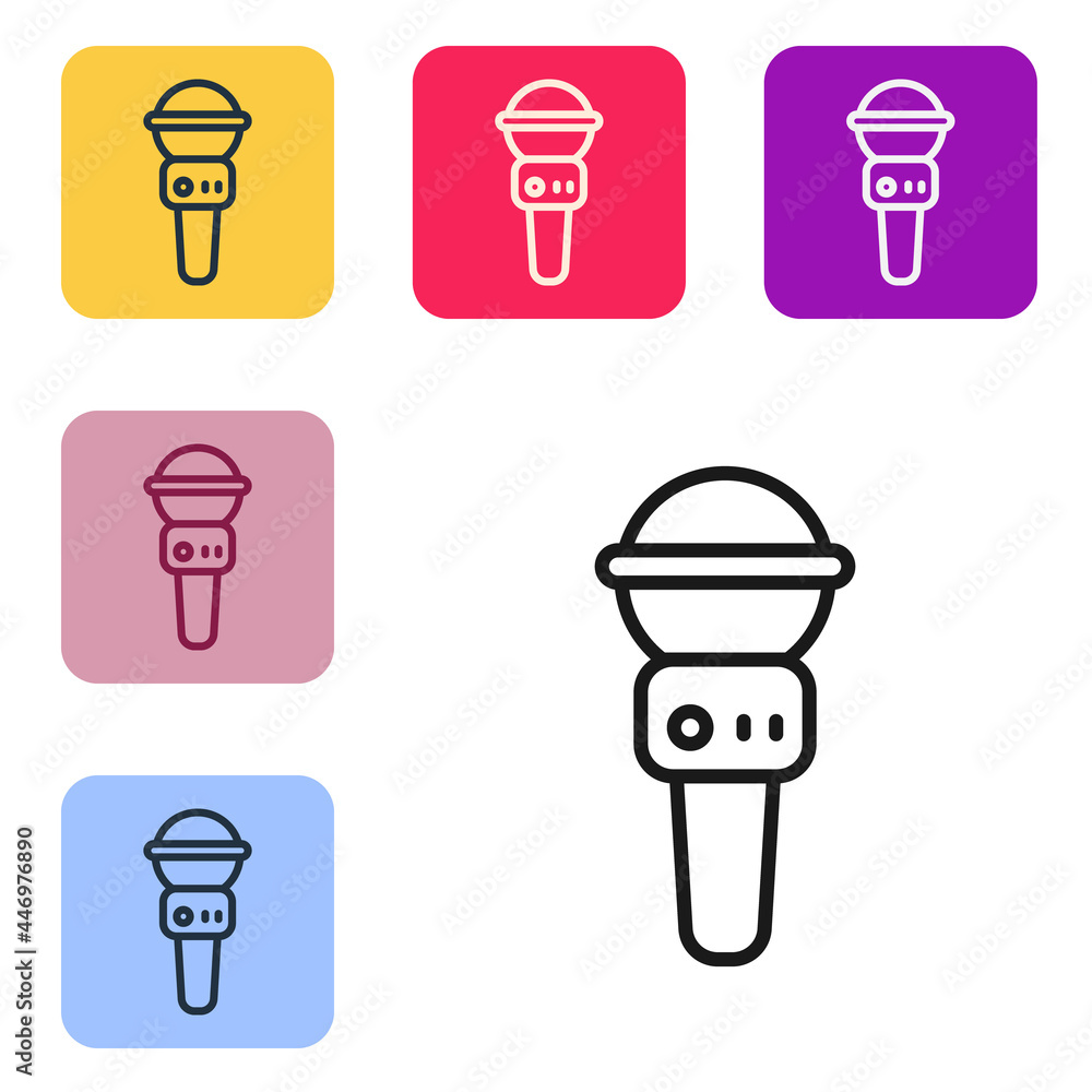 Poster black line microphone icon isolated on white background. on air radio mic microphone. speaker sign. 