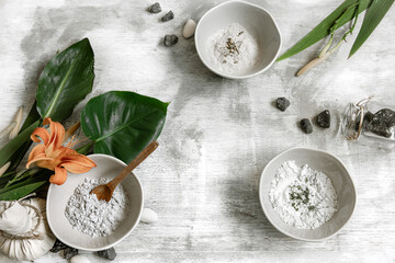 Flat lay spa composition with powder for making facial mask.