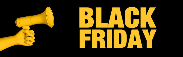 Black Friday banner with megaphone. Background for promotion, advertisement, sale or product. 3d illustration.