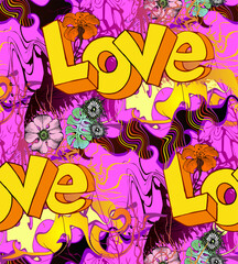  Seamless pattern. Drawn lettering love surrounded by flowers in the style of the 60s