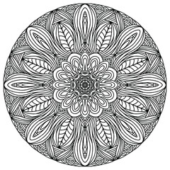 folk style mandala with abstract leaves and flowers for coloring on a white background, vector