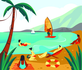 Seascape banner or summer recreation background. Seaside scenery or coast view, tropical nature. People or tourists have a rest or vacation, sunbathing or swim on sandy beach. Leisure time, outdoor.