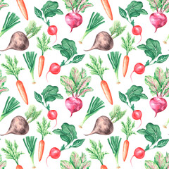 Root vegetables watercolor seamless pattern (digital paper). Carrots, radishes, beetroot, onions. Bright vegetables. On white background. Vitamins. For printing on fabrics, textiles, packaging, paper