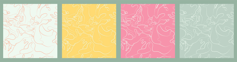 Set of abstract simple minimalistic liquid marble line patterns. Flat design. Swirls of pastel yellow, pink, blue, white colors. Seamless background