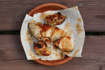 Grilled chicken on skewers (chicken shashlik). Popular dish of Georgian cuisine.