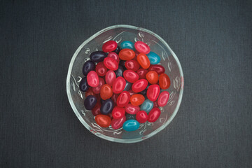 colorful candies in a glass bowl  