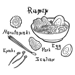 Ramen soup with noodles, pork meat, green onions, enoki mushrooms, boiled egg and narutomaki in a bowl. Traditional japanese, korean and chinese fast food. Vintage retro style. Isolated clipart