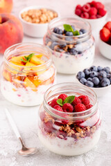 Healthy breakfast. Granola / muesli yoghurt and fruit.