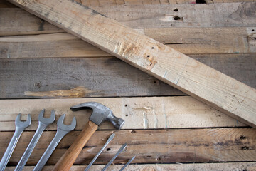 Woodworking tools on rustic wooden background. 